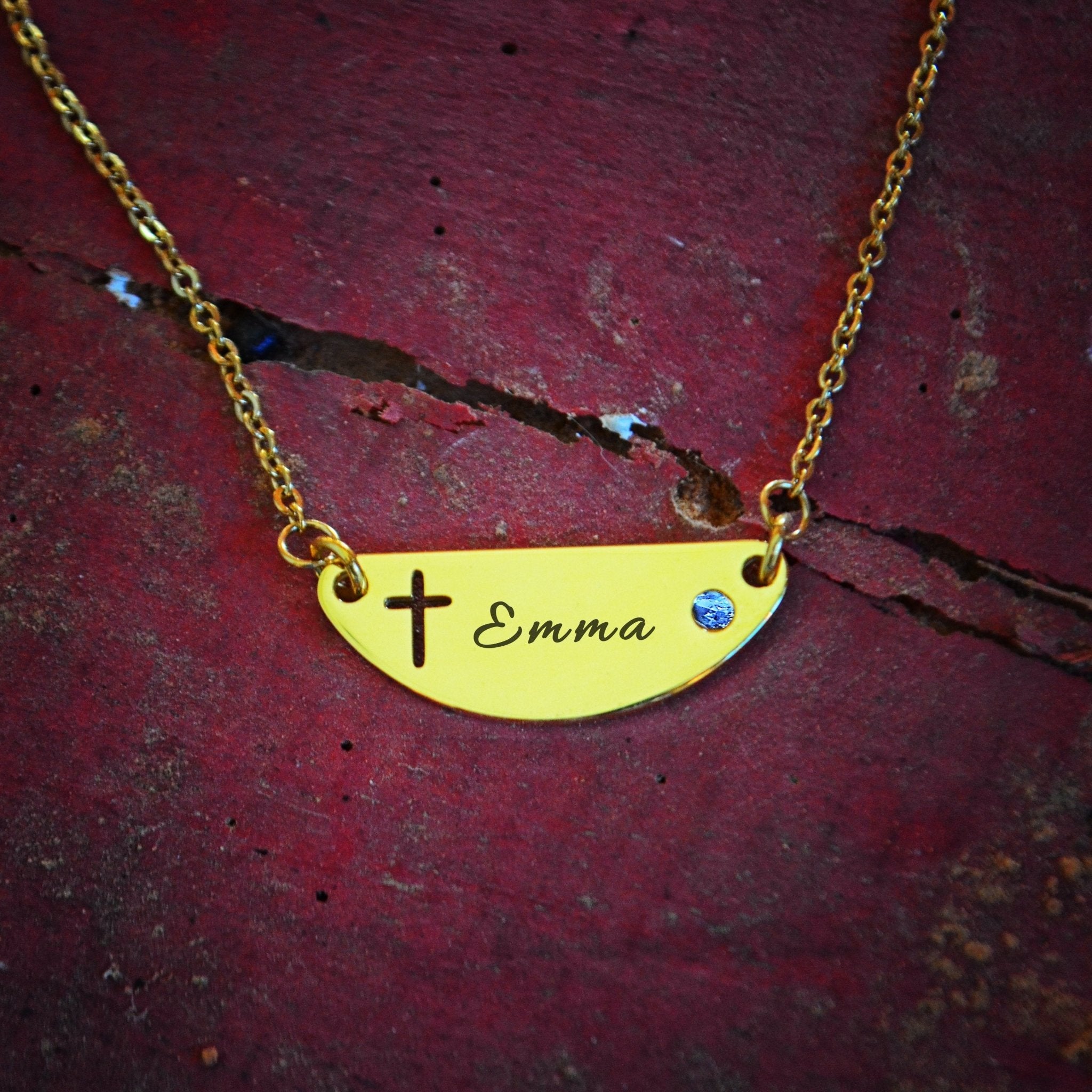 Beck Birthstone Cross Name Necklace - Name Necklaces by Belle Fever