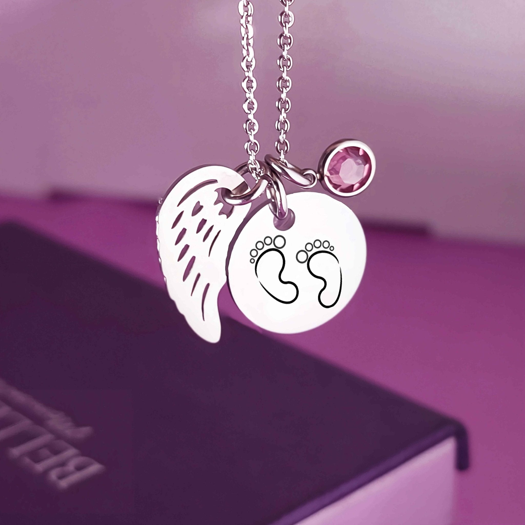 Memorial Angel Footprint Necklace with Birthstone Charm - ARTI by Belle Fever