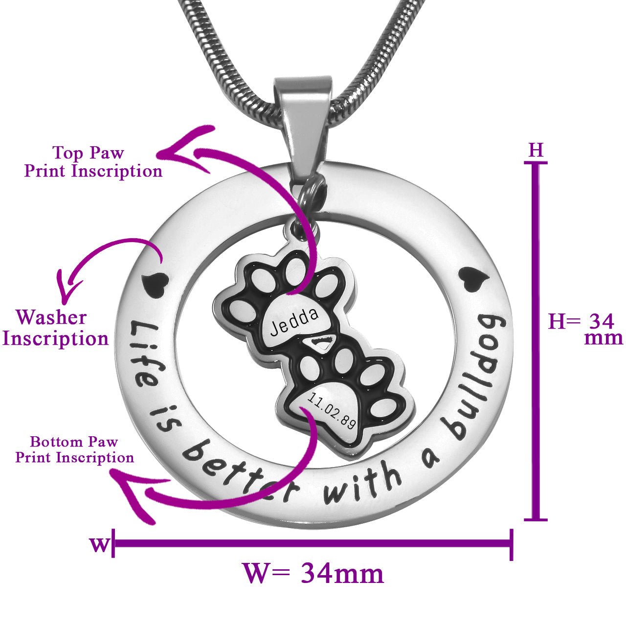 Paw Prints Washer Necklace - Memorial & Cremation Jewellery by Belle Fever