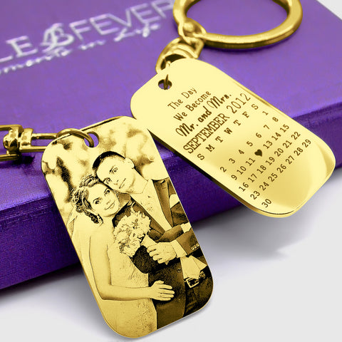 Wedding tag keyring gold personalised anniversary gift handcrafted by Belle Fever in non-tarnish Monel materials for lasting memories