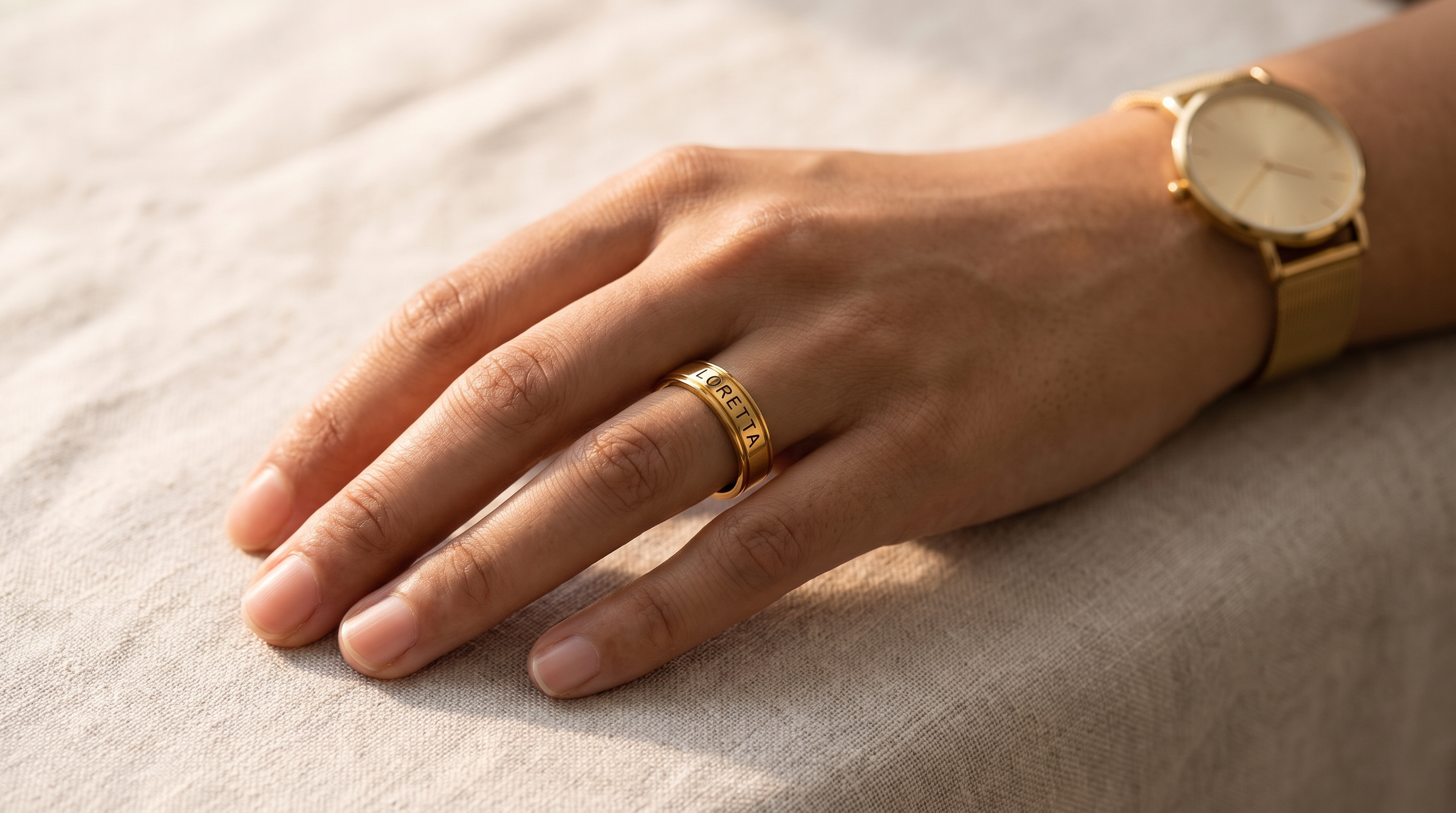 A single engraved band worn alongside a plain watch on the same wrist