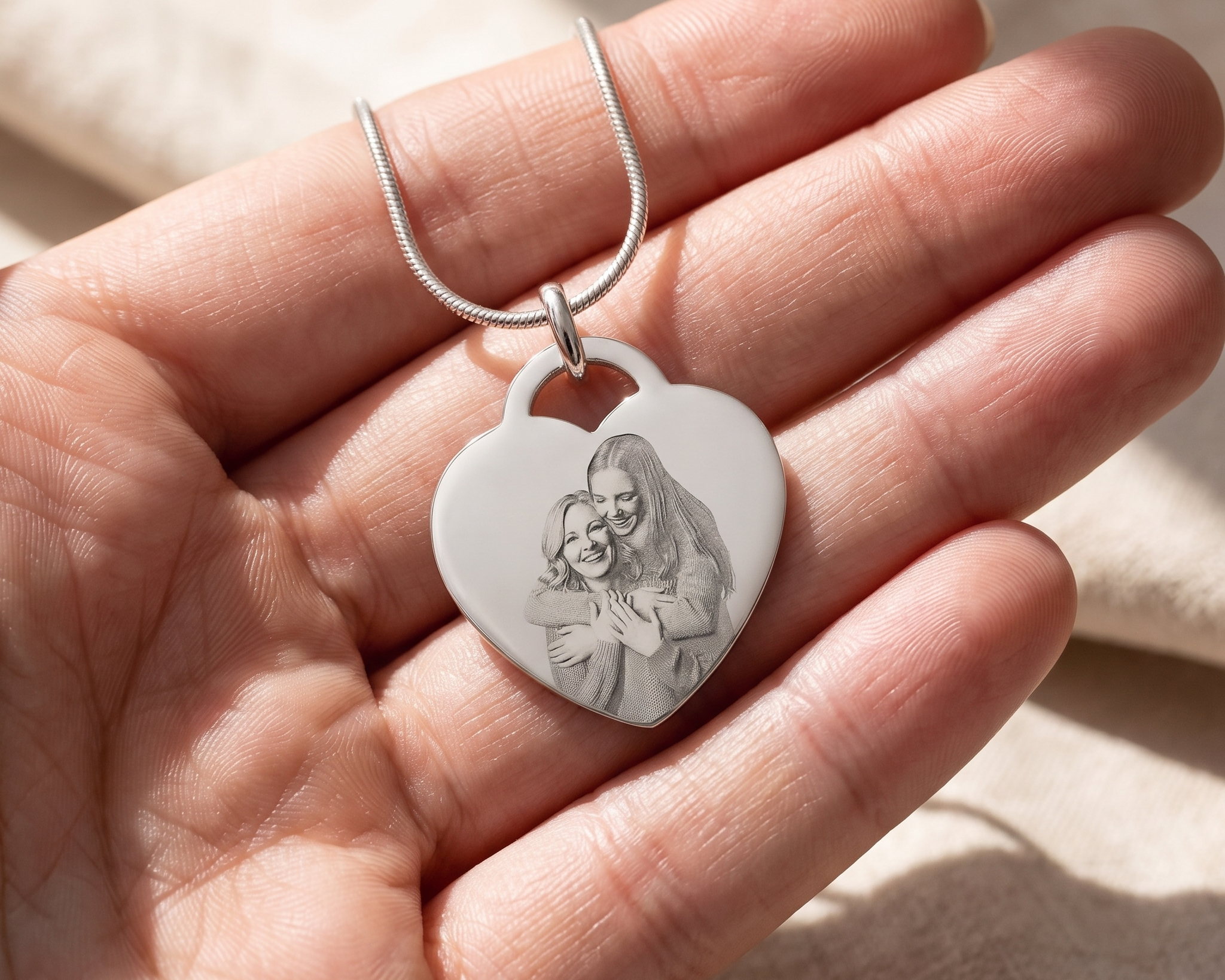 A hand holding a small pendant between finger and thumb