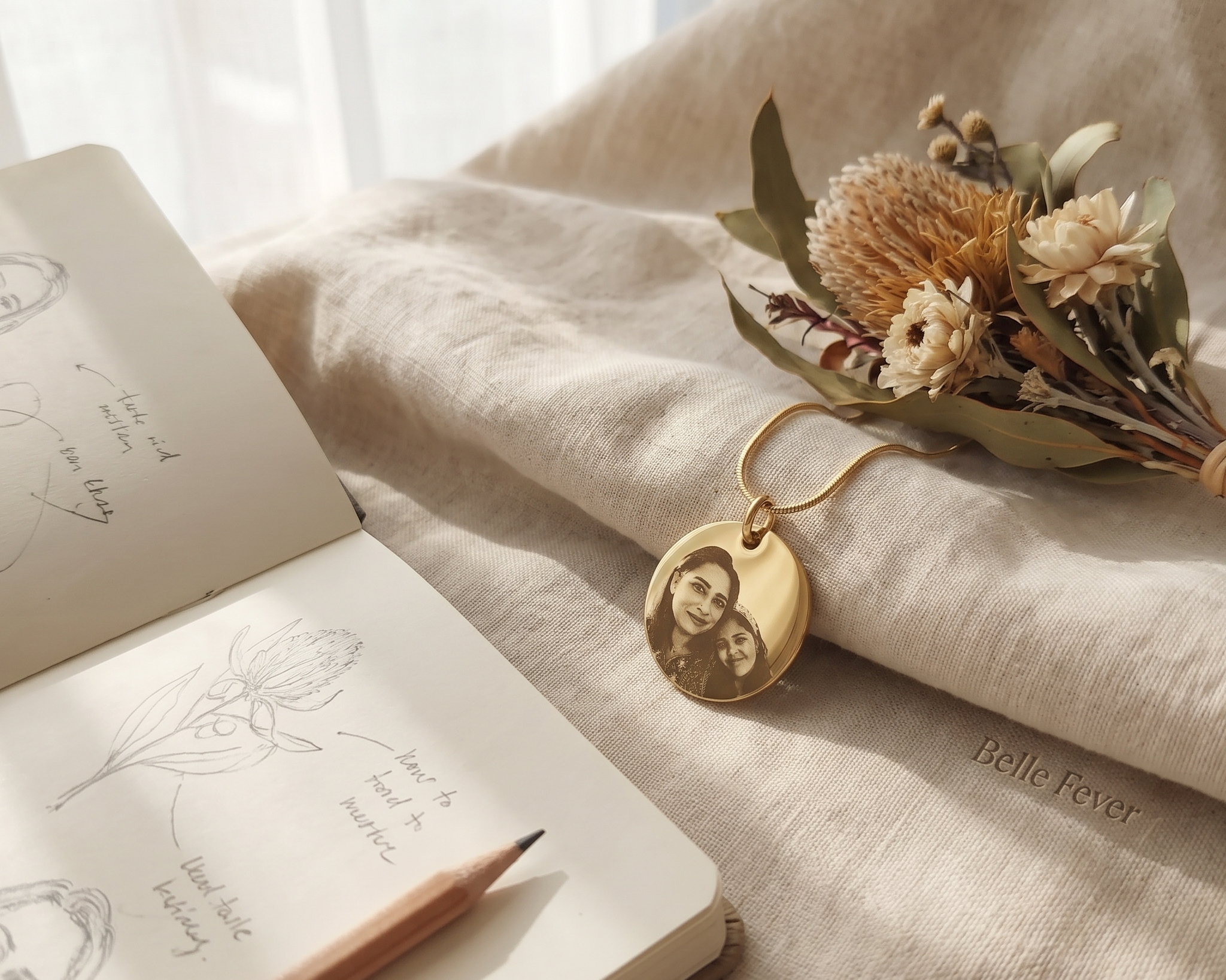 A pencil sketch of a pendant layout beside a finished pendant on a desk