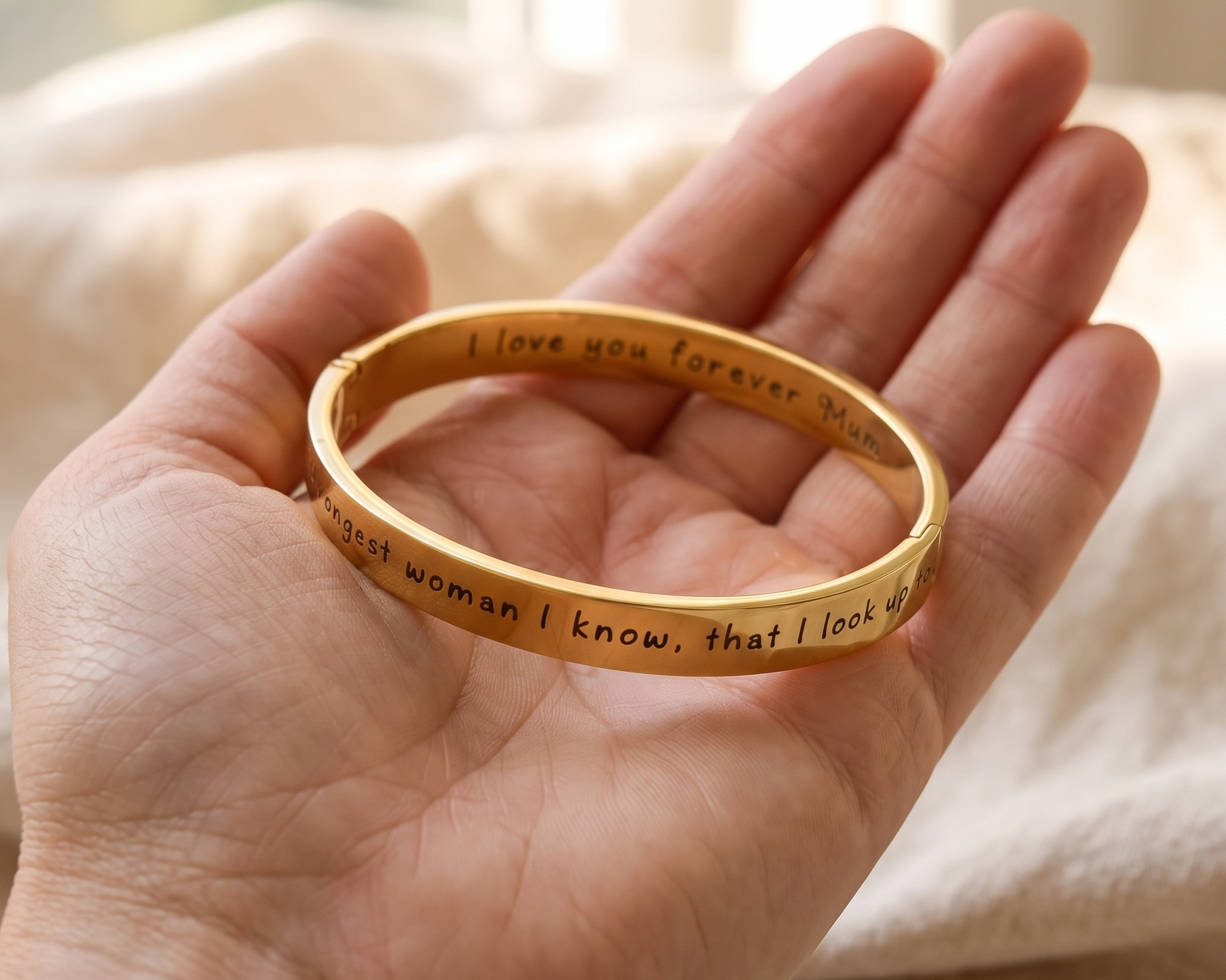 A locking bangle worn on a wrist resting on a bedsheet in morning light