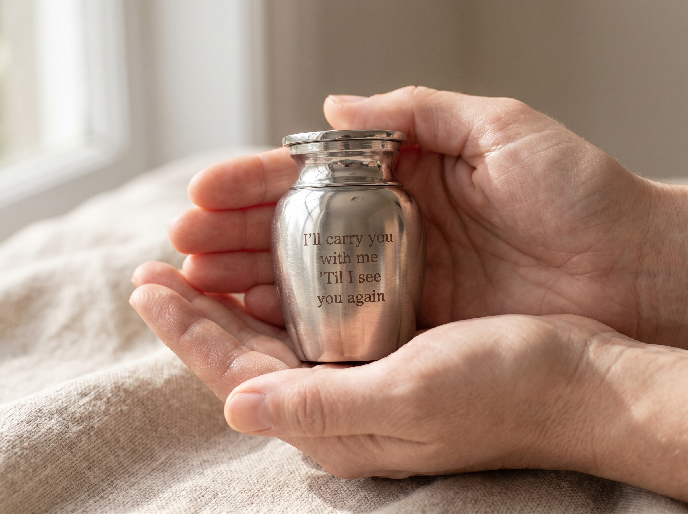 Small personalised keepsake urn cupped in two hands in soft morning light