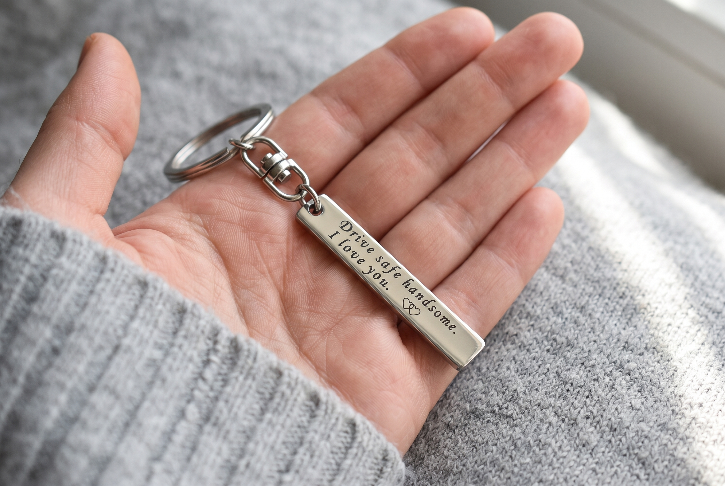 Hand gently holding an engraved memorial pendant close to the chest