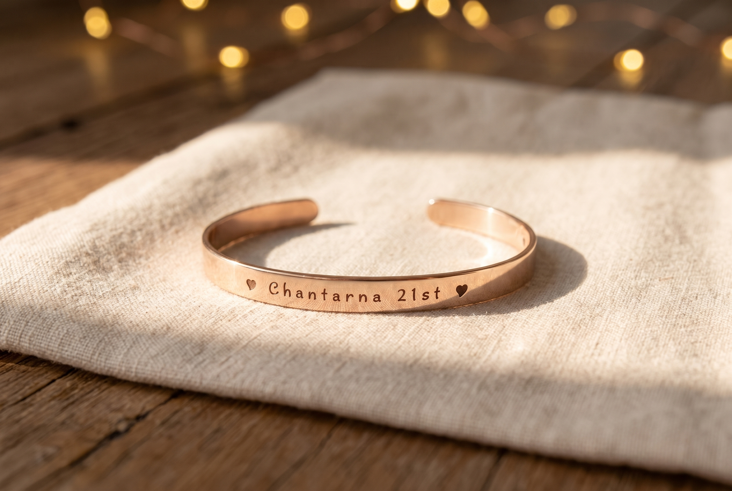 Engraved gold bangle in an open Belle Fever gift box beside a Christmas tree