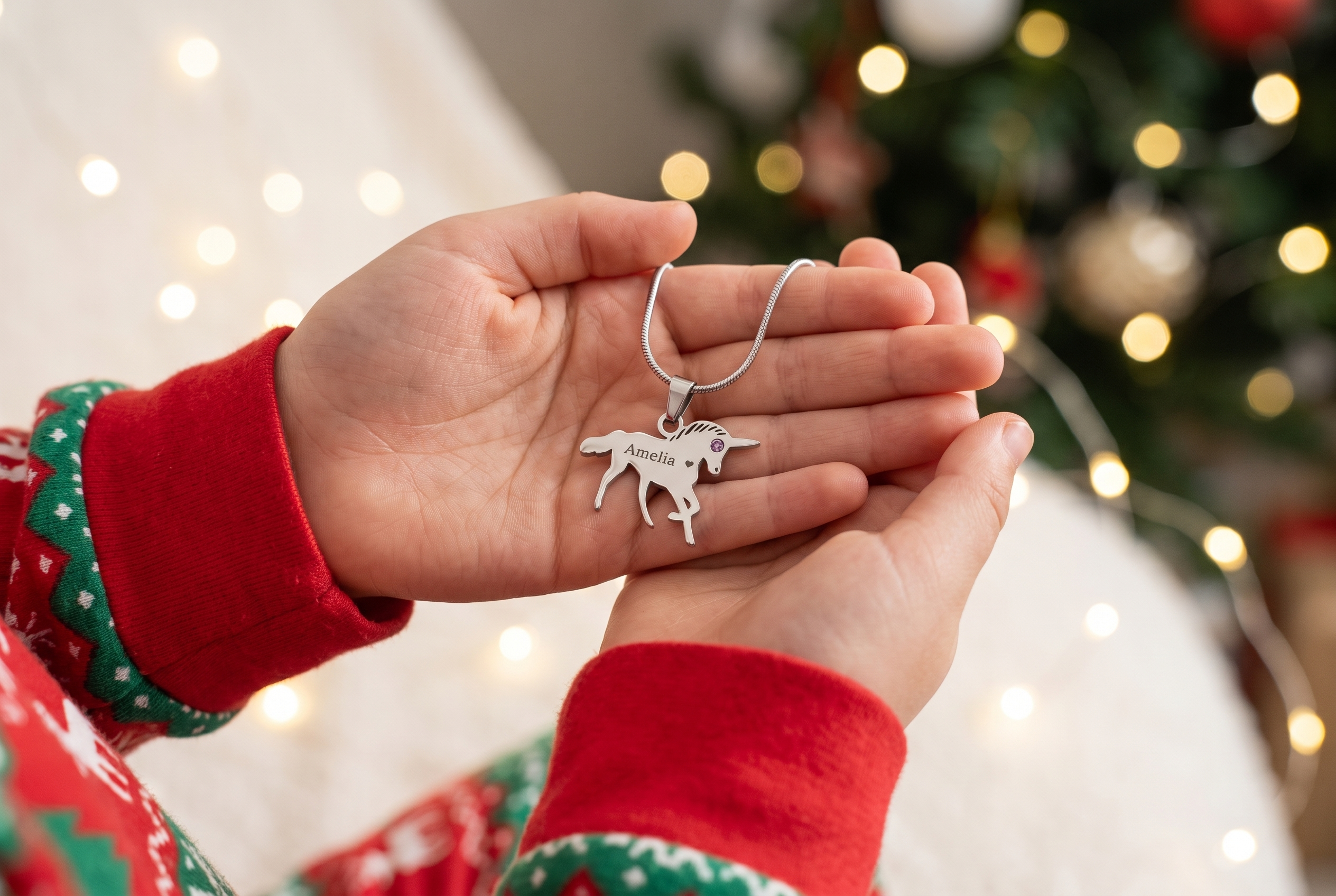 Young girl opening a personalised necklace gift on Christmas morning