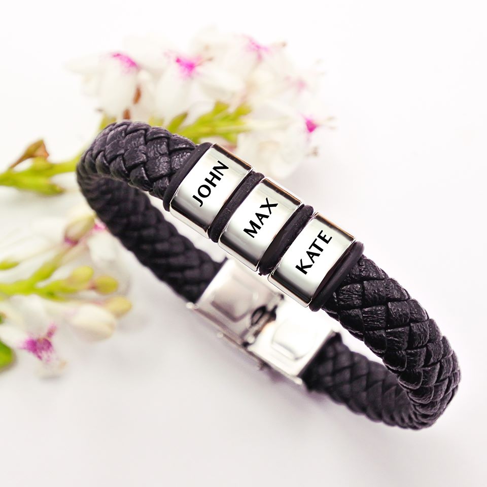 Personalised Black Leather Bracelet - BELLE FEVER