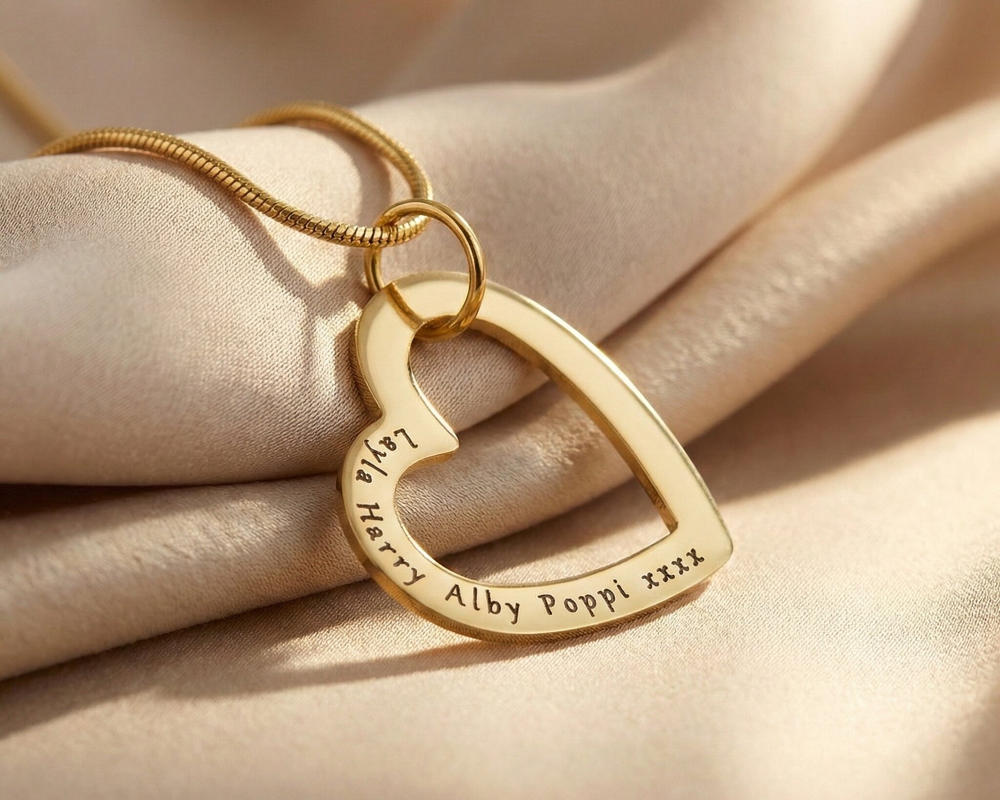 Belle Fever Always In My Heart necklace gold styling, personalised open heart necklace, engraved name jewellery, anniversary gift keepsake