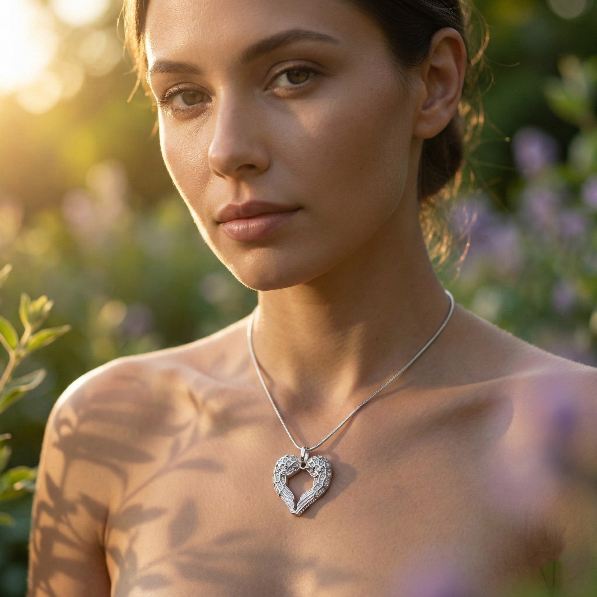 Belle Fever silver angel heart necklace worn by model elegant and symbolic jewellery, perfect for everyday wear or as a heartfelt gift, handmade in Australia with quality craftsmanship.