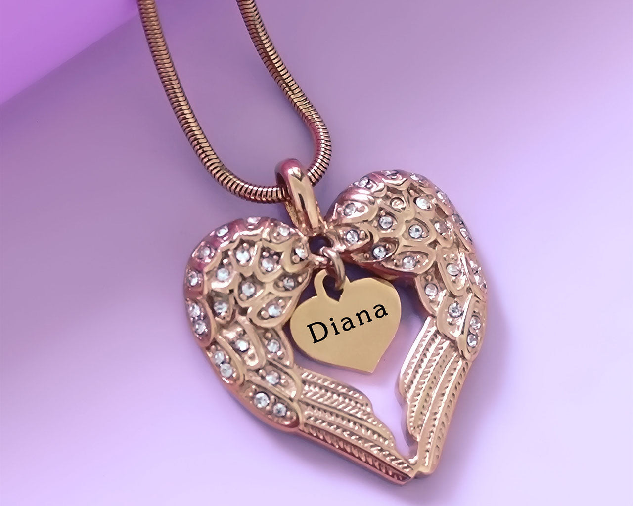 Rose Gold Angels Heart Necklace with Heart Insert - Memorial & Cremation Jewellery by Belle Fever