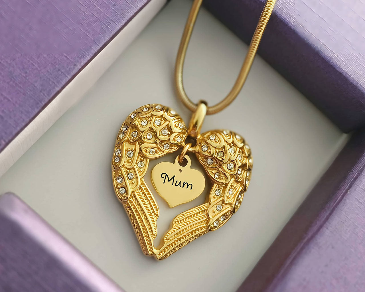 Gold Angels Heart Necklace with Heart Insert - Memorial & Cremation Jewellery by Belle Fever