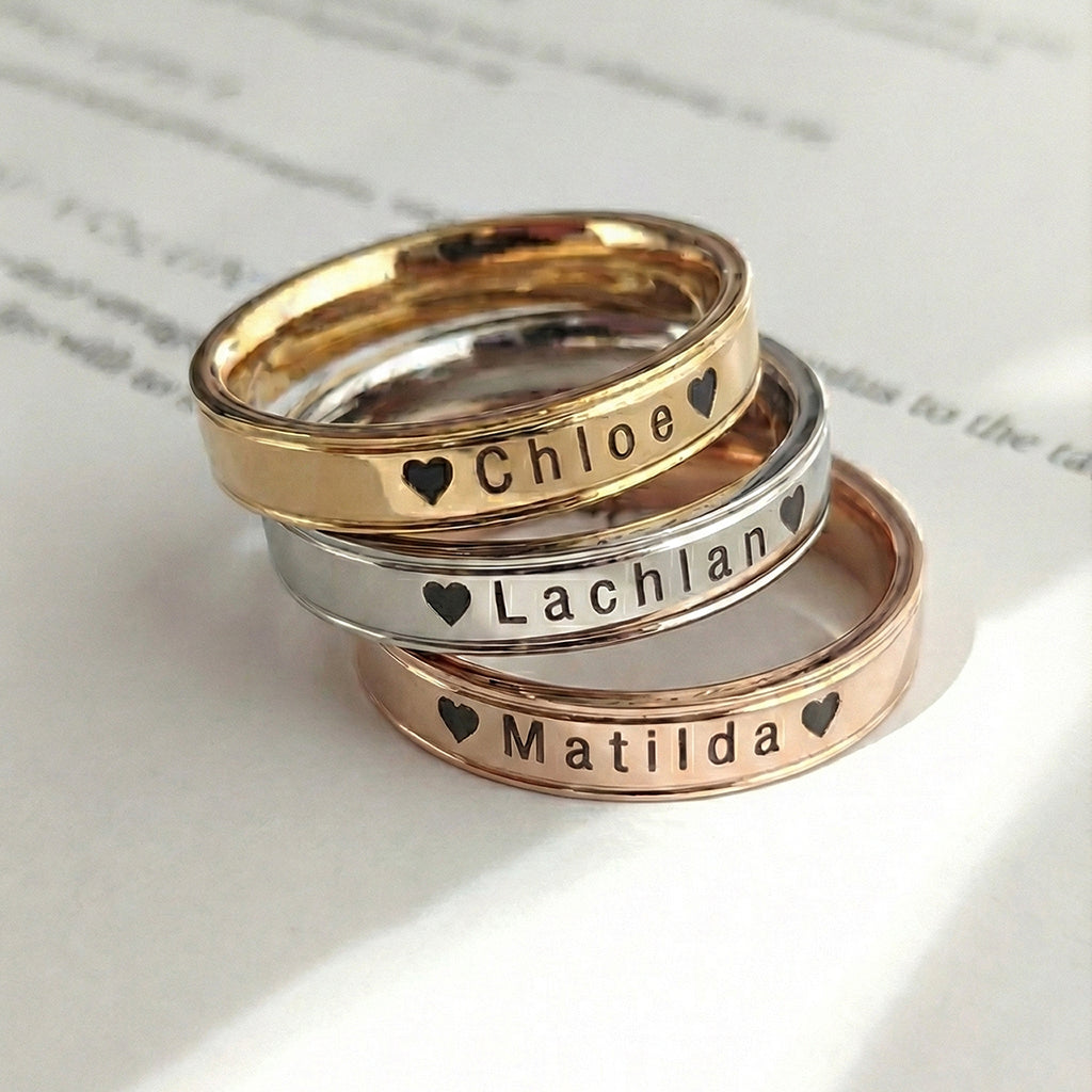 Belle Fever Personalised Ring in silver, gold and rose gold, custom engraved name band