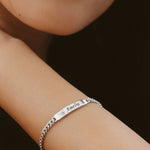 Belle Fever Silver Bar Bracelet — a minimal, meaningful keepsake engraved with heartfelt words, capturing emotion and elegance in one timeless piece.