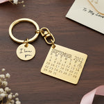Calendar keyring with disc charm from Belle Fever, custom date design for couples marking their wedding or special milestone.