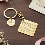 Calendar keyring with disc charm from Belle Fever, custom date design for couples marking their wedding or special milestone.