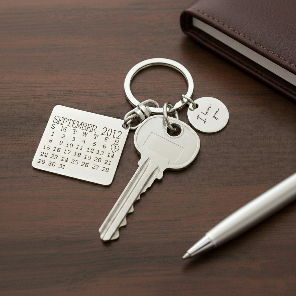 Belle Fever wedding date calendar keyring with round disc charm, a heartfelt Valentine gift for him or her.