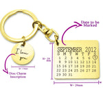 Custom date calendar keyring with disc charm by Belle Fever, a romantic keepsake for anniversaries and treasured memories.