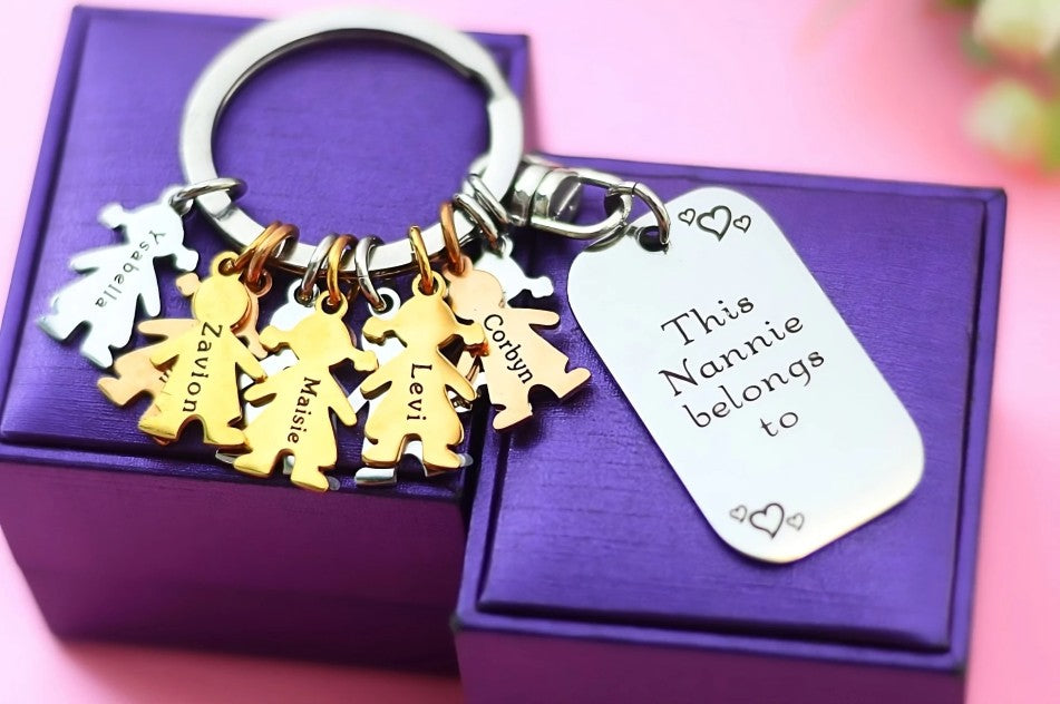 Personalised Keyring for Grandmothers with Kids Names engraved on the Charms. Created by Belle Fever.