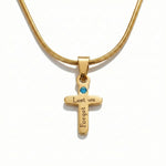 belle fever personalized cross birthstone name necklace in gold, custom engraved Christian pendant