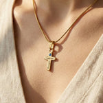 belle fever personalized cross necklace with birthstone worn daily, engraved Christian name jewelry