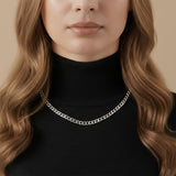 Silver curb chain necklace worn by woman, minimalist waterproof unisex jewelry for daily confidence and shine.