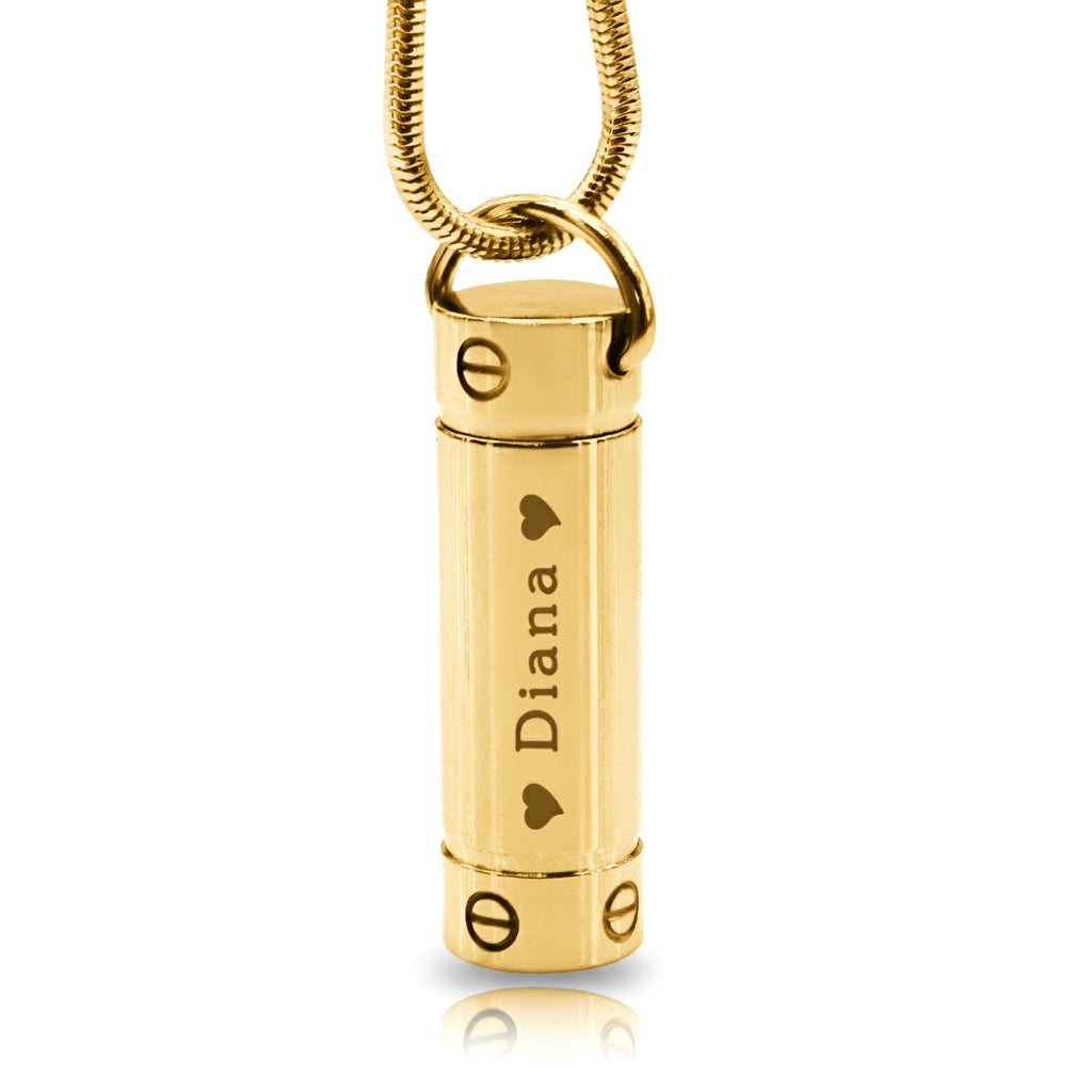 Gold Belle Fever Cylinder Cremation Necklace — a timeless, handcrafted memorial pendant designed to hold ashes and symbolise unending love.