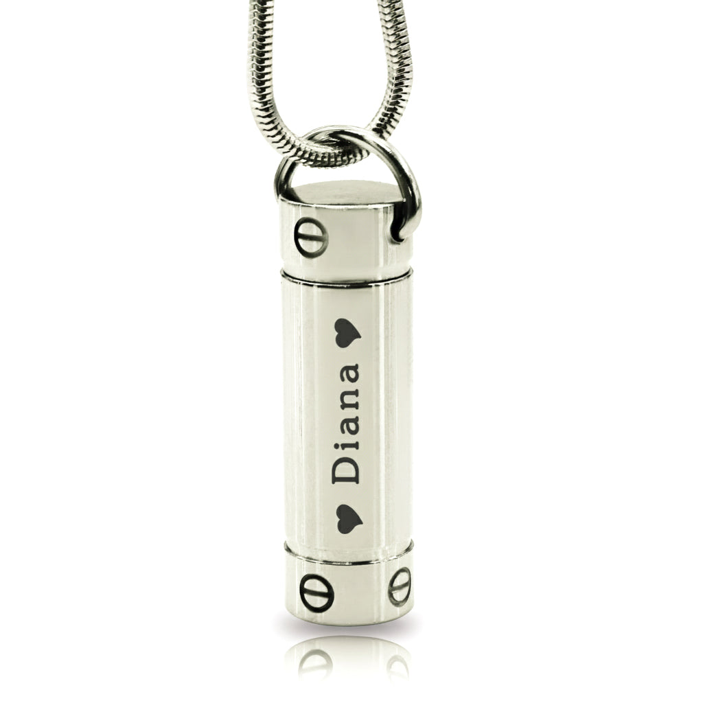Silver Cylinder Cremation Necklace by Belle Fever — sleek and sentimental memorial jewellery holding ashes to honour precious memories.