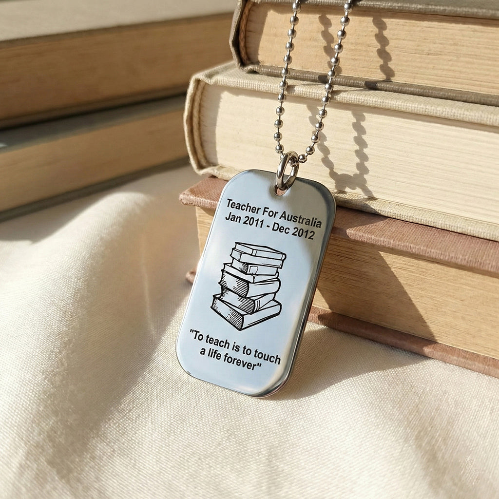 Silver Dog Tag Necklace Teacher TEXT with SYMBOL, Mens Jewellery by Belle Fever, Gift for teacher