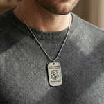 A model wears Silver Dog Tag Necklace Teacher TEXT with SYMBOL, Mens Jewellery by Belle Fever, Best gift for teacher