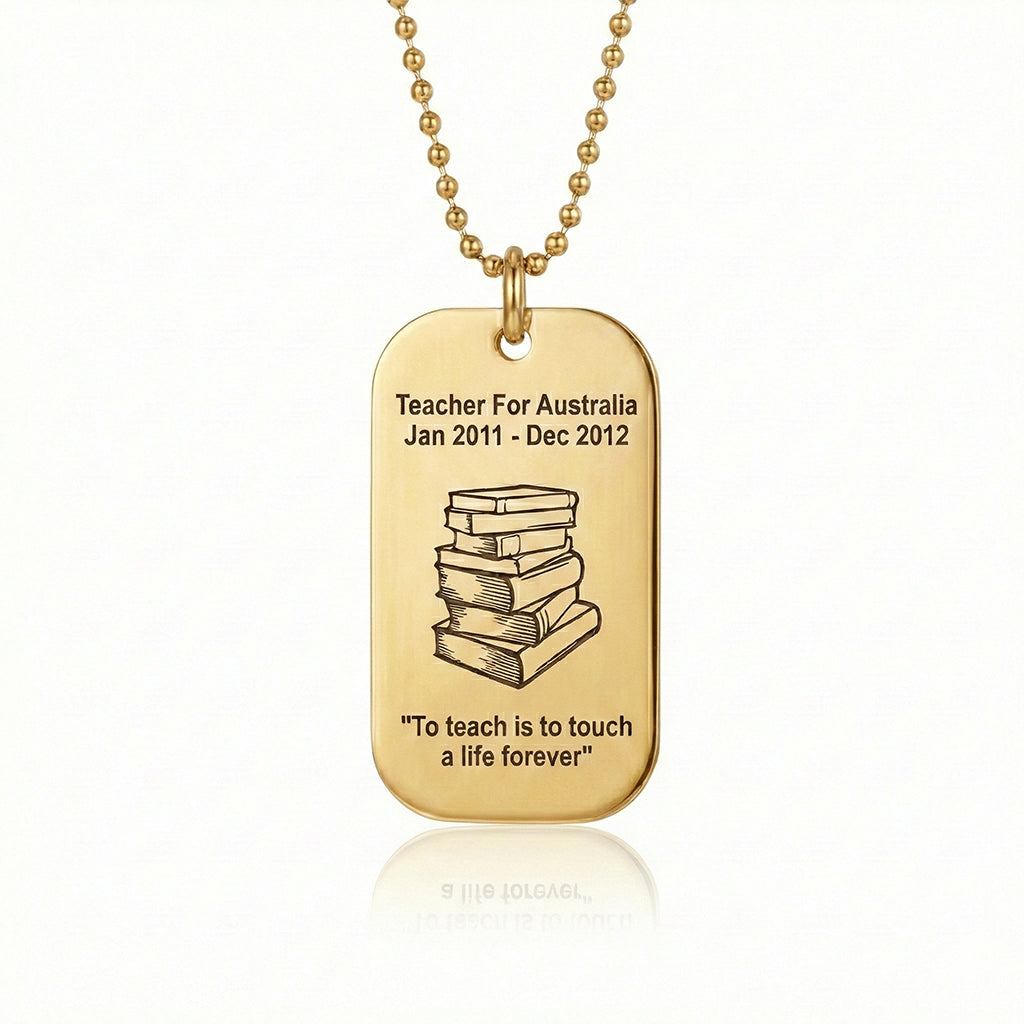 Gold Dog Tag Necklace Teacher TEXT with SYMBOL in white background, Mens Jewellery by Belle Fever, perfect gift for teacher