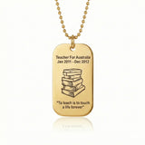 Gold Dog Tag Necklace Teacher TEXT with SYMBOL in white background, Mens Jewellery by Belle Fever, perfect gift for teacher