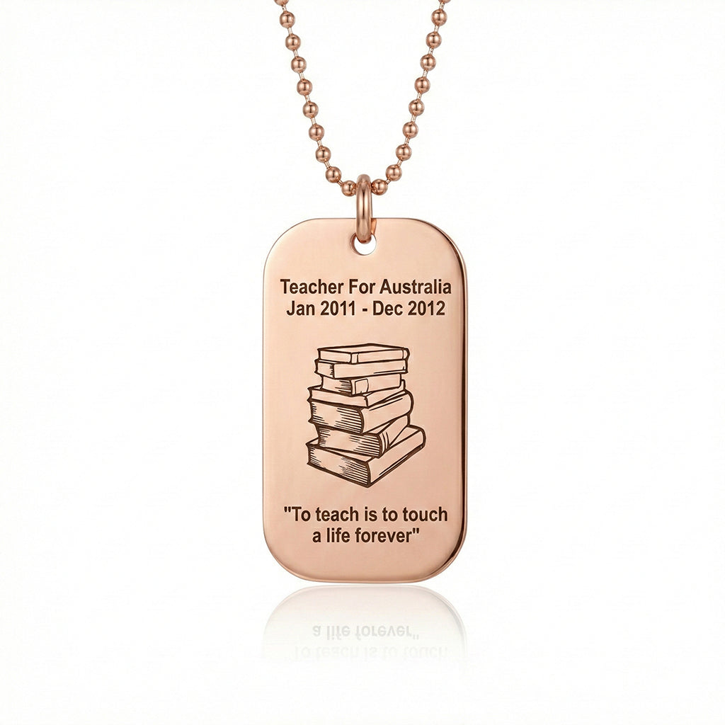 Rose Gold Dog Tag Necklace Teacher TEXT with SYMBOL in white background, Mens Jewellery by Belle Fever, Best gift for teacher