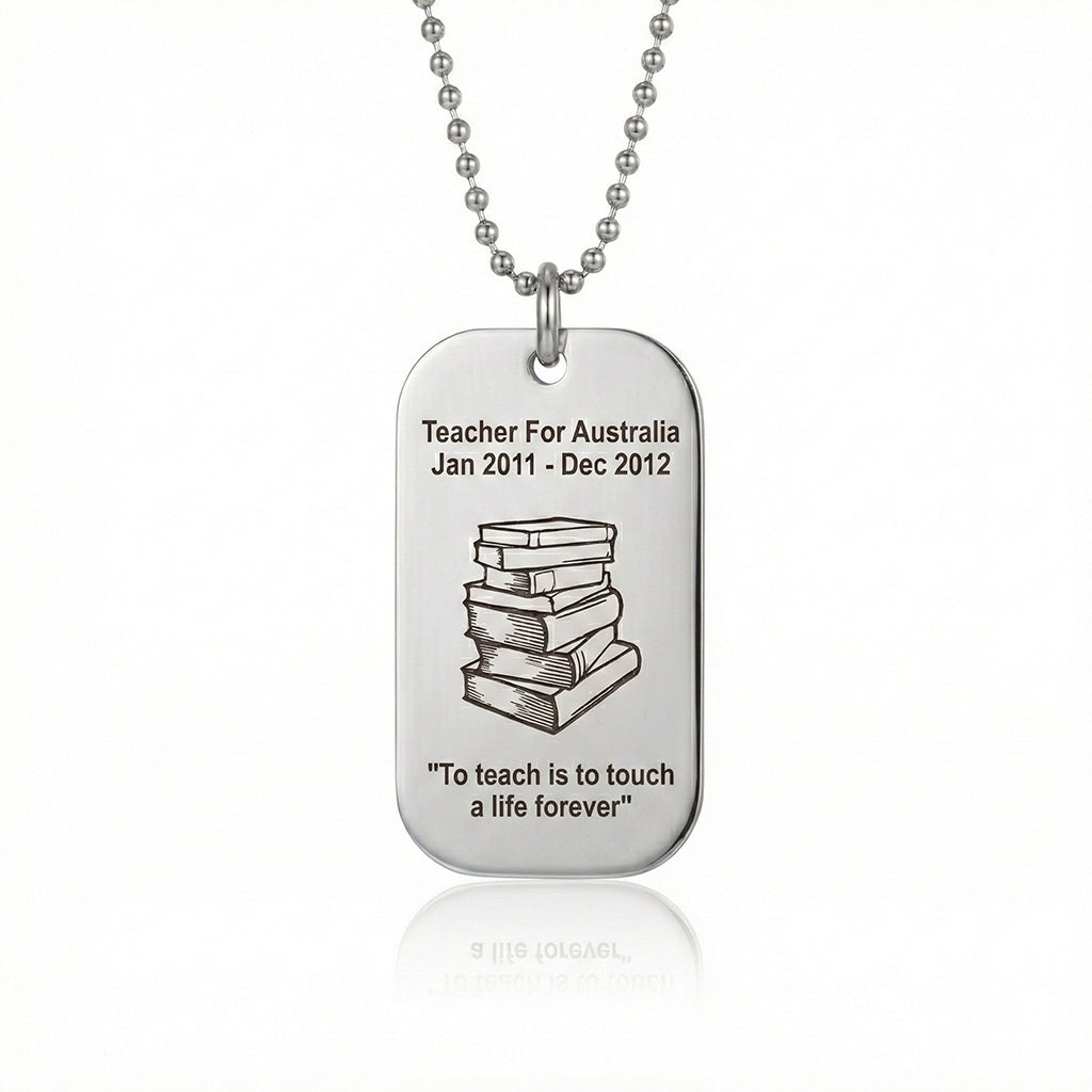 Silver Dog Tag Necklace Teacher TEXT with SYMBOL in white background - Mens Jewellery by Belle Fever