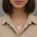 Close-up of dolphin necklace on neckline, custom engraved message jewelry by belle fever representing resilience and hope.