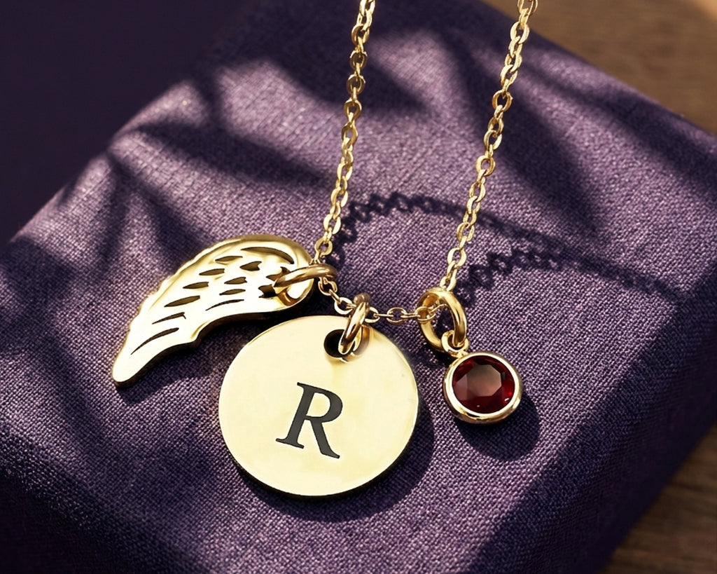 Gold Memorial Angel Necklace with Stone Charm - Memorial & Cremation Jewellery by Belle Fever