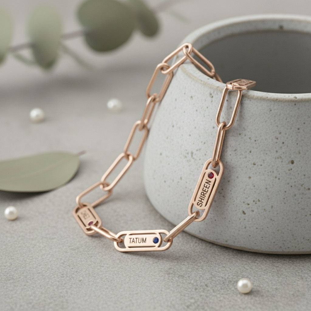 Rose gold Belle Fever Endless Ties Name Bracelet with Birthstone — a delicate, heartfelt keepsake crafted to honour love that never fades.