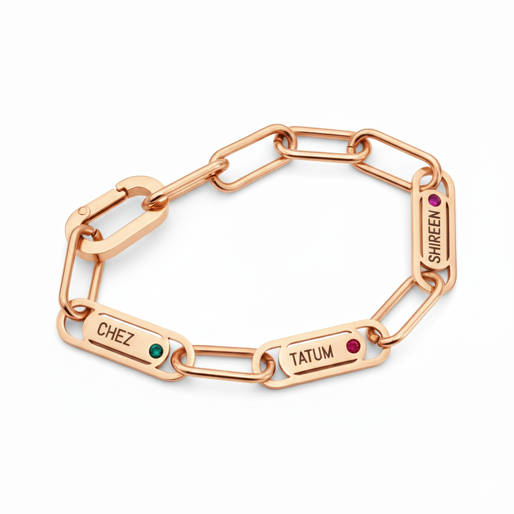 Rose gold Endless Ties Name Bracelet with Birthstone by Belle Fever — personalised luxury jewellery crafted to celebrate unending love and closeness.