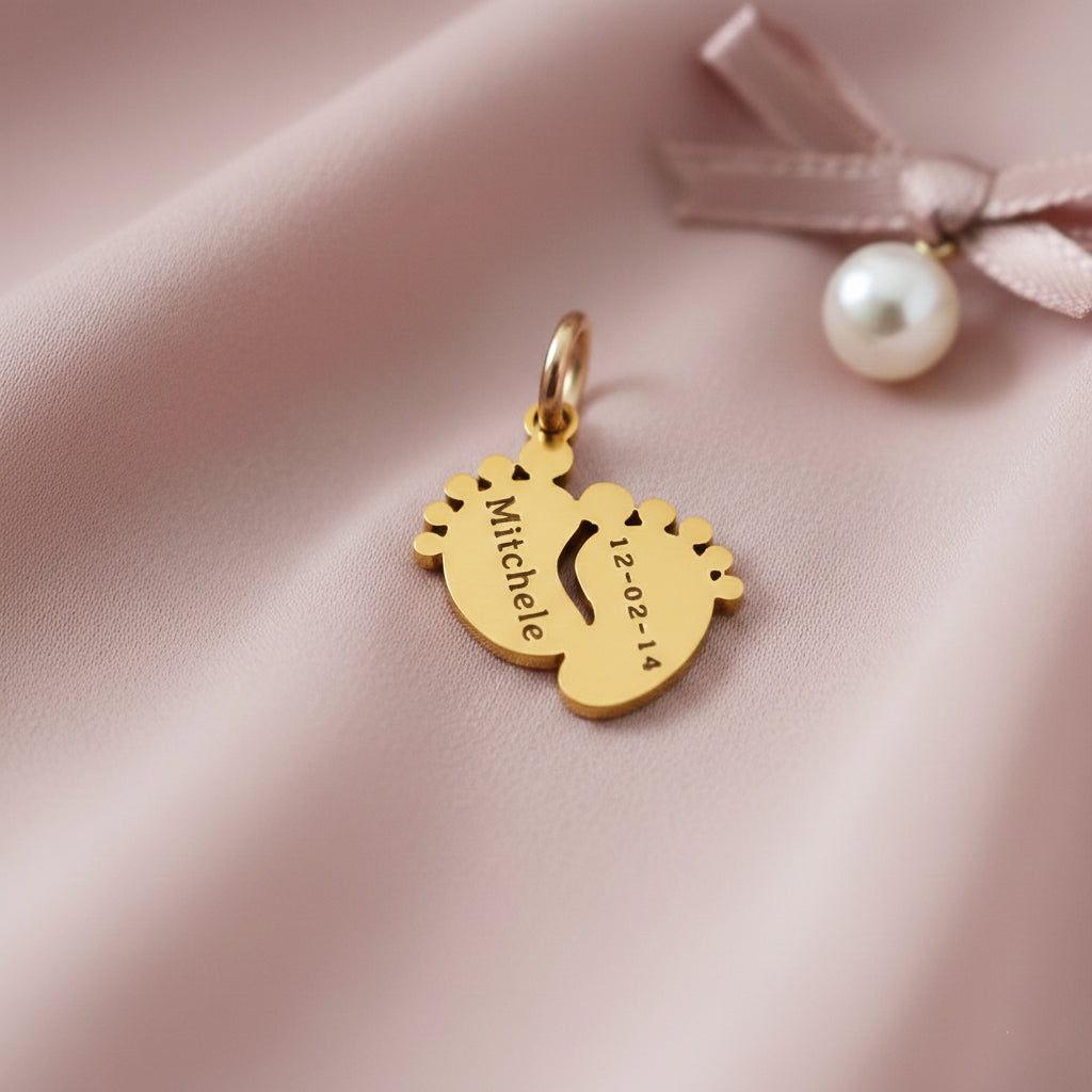 belle fever feet charm for keyring, engraved name and date keepsake, meaningful gift for mom
