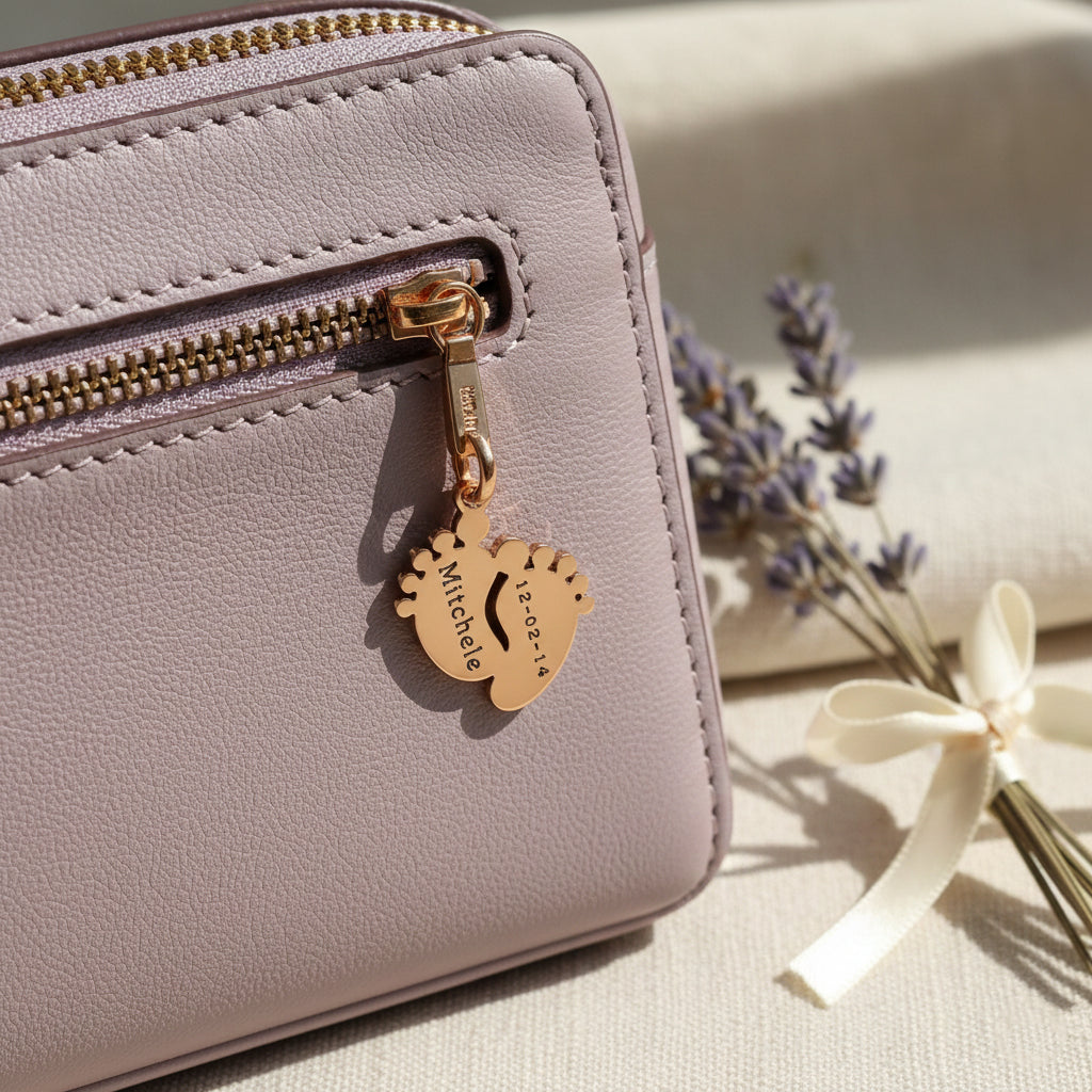 belle fever feet charm for keyring attached to bag, engraved name and date meaningful keepsake gift