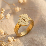 Belle Fever Footprint ring engraved with name and date, meaningful keepsake jewelry gift for mom celebrating motherhood