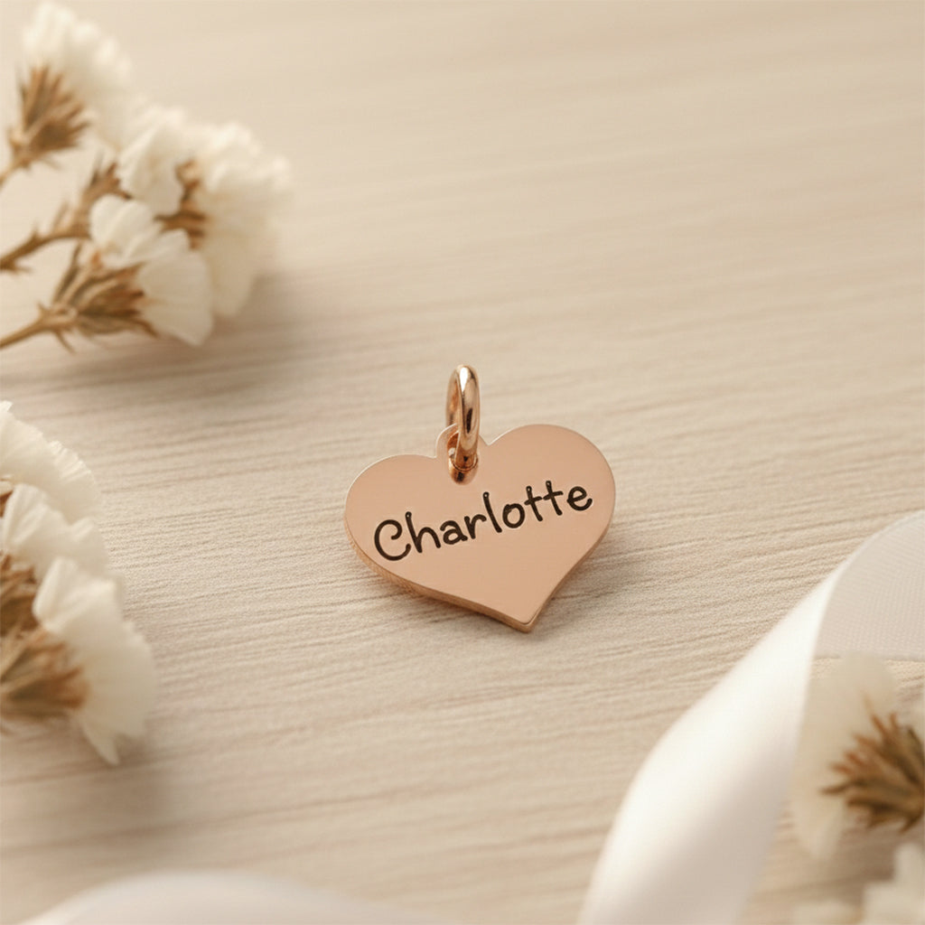 belle fever engraved heart charm for keyring, minimalist personalized name gift for someone special