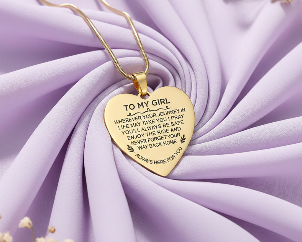 Gold Heart Necklace Always Here For You  in purple backdrop - Memorial & Cremation Jewellery by Belle Fever