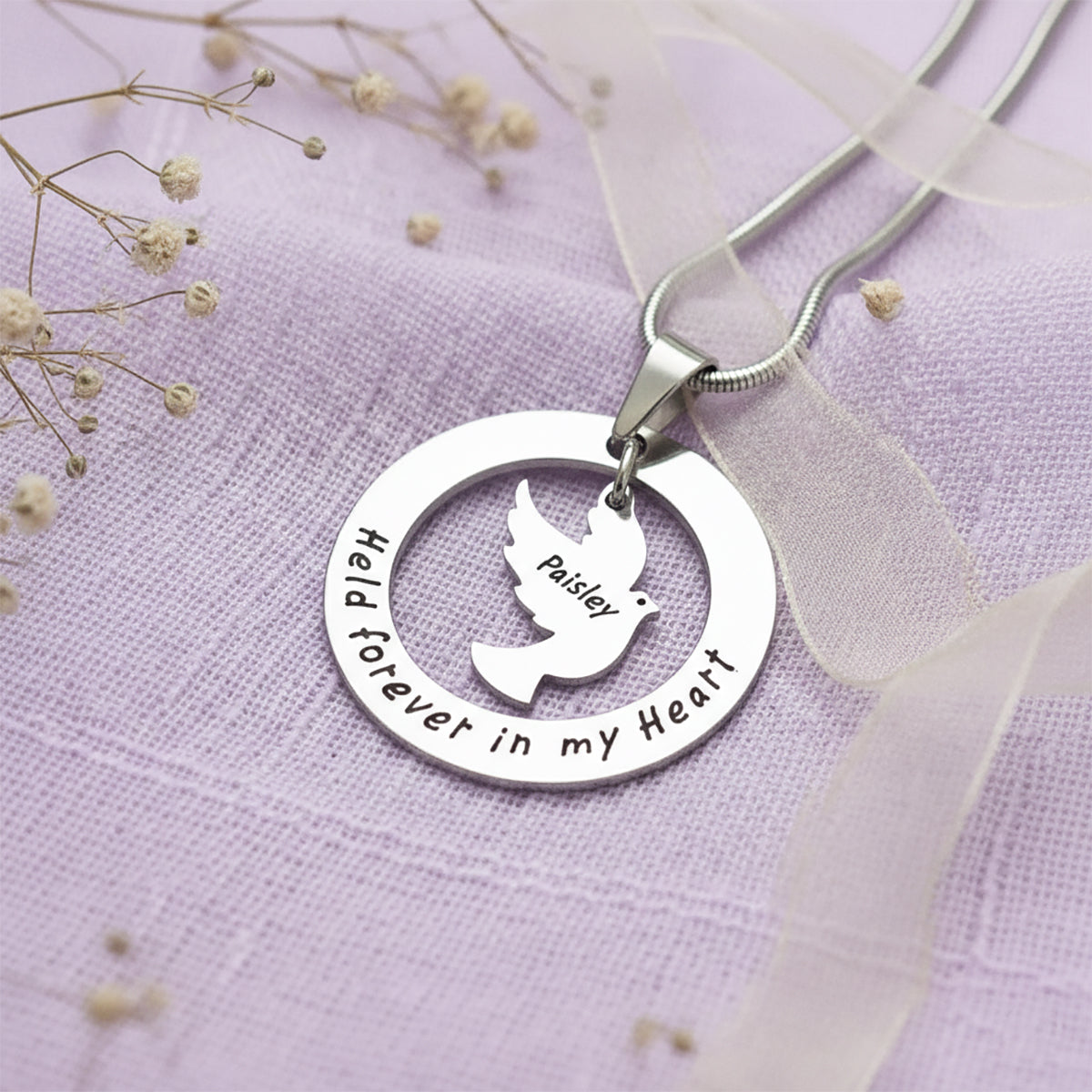 Belle Fever personalized held forever necklace in silver, custom engraved sympathy gift, remembrance jewelry