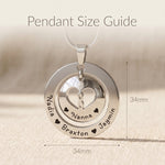 Infinity dome necklace size guide showing circular infinity pendant dimensions and engraving detail
