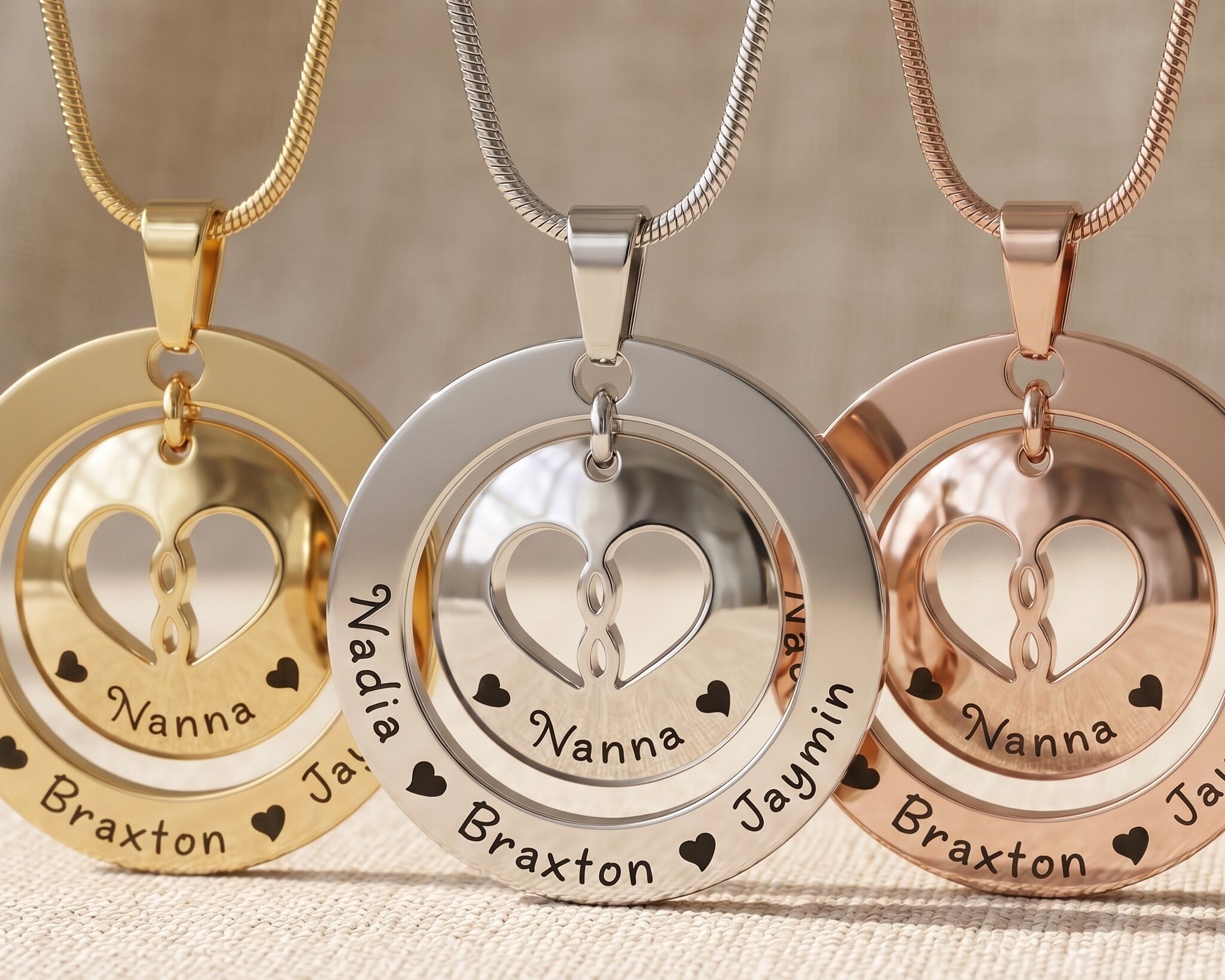 Infinity dome necklace tone comparison showing gold, silver and rose gold meaningful keepsake jewellery finishes