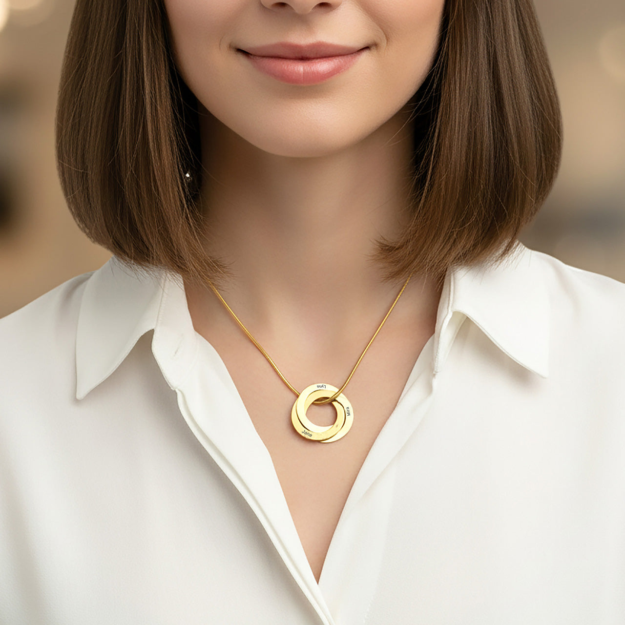Belle Fever Interlinked Family Love Circles Necklace — elegant gold personalised rings worn as a layered pendant, celebrating cherished family bonds.