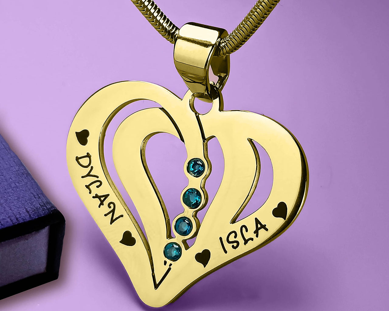 Gold Personalized love heart necklace with engraved name and 4 birthstones, elegant everyday jewelry by belle fever