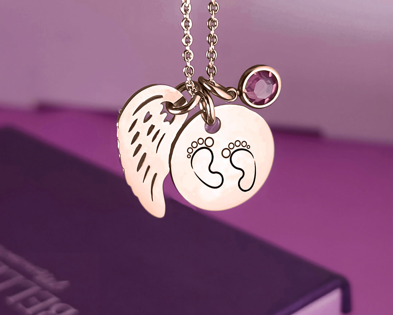 Memorial Angel Footprint Necklace with Birthstone Charm